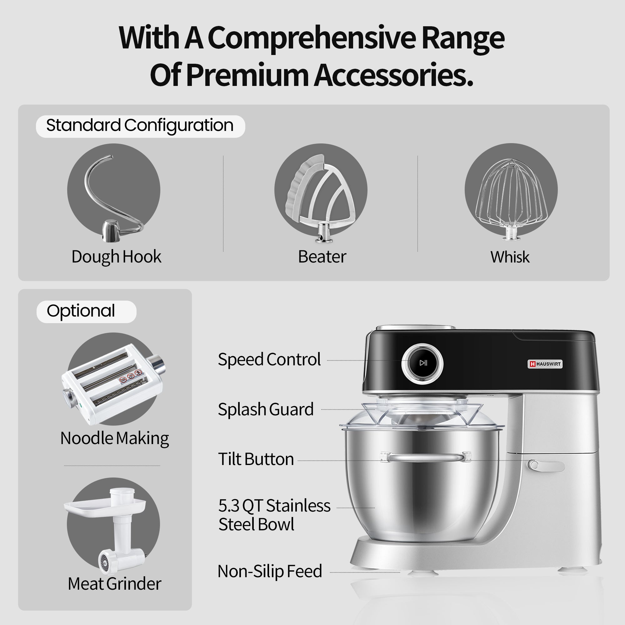 Hauswirt® M5 5.3Qt 11 Speeds Tilt-Head Mixers Kitchen Electric Stand Mixer Black Color