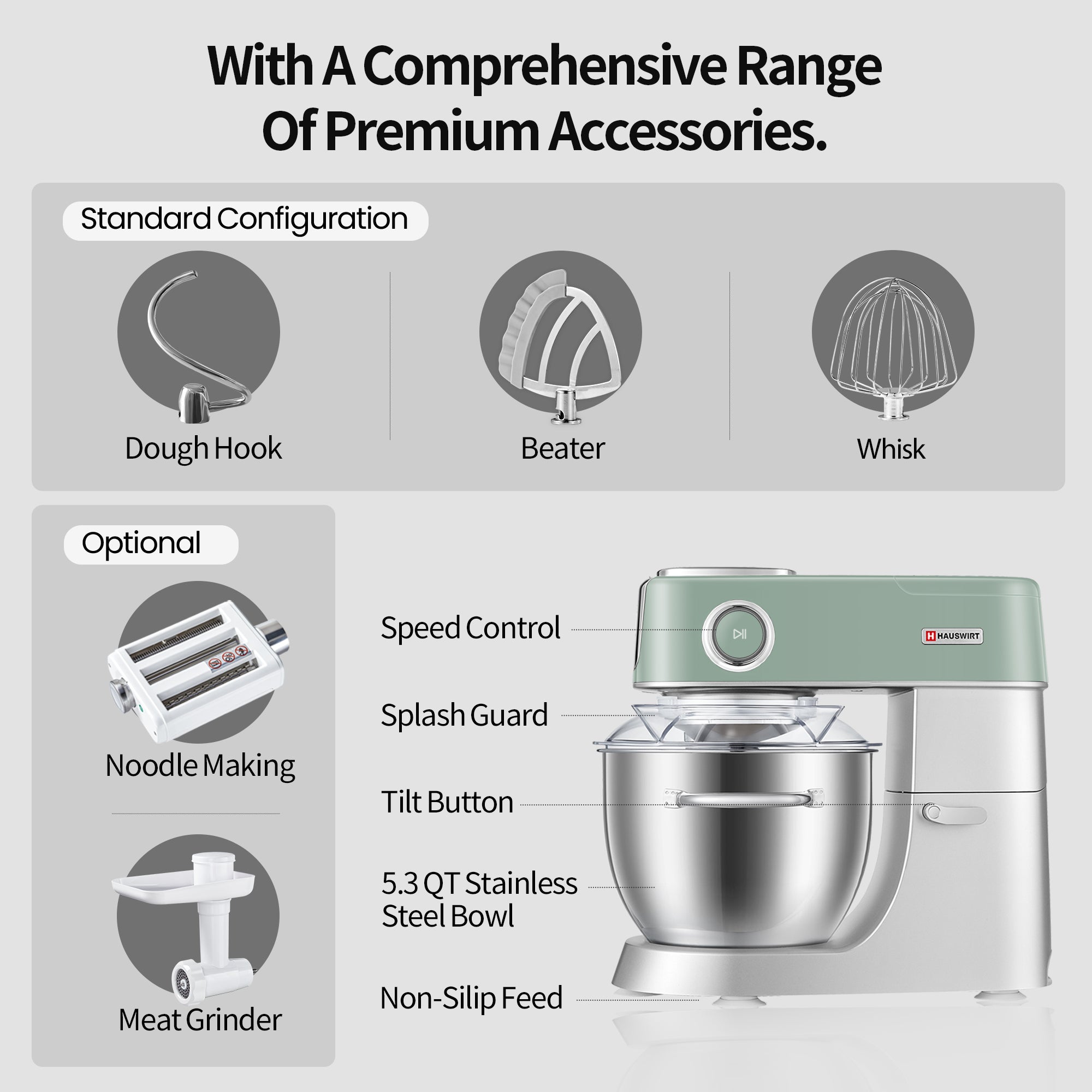 Hauswirt® M5 5.3Qt 11 Speeds Tilt-Head Mixers Kitchen Electric Stand Mixer Green Color